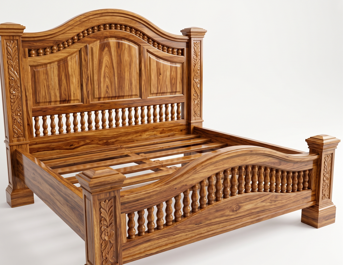Wooden bed with intricate carvings on a white background
