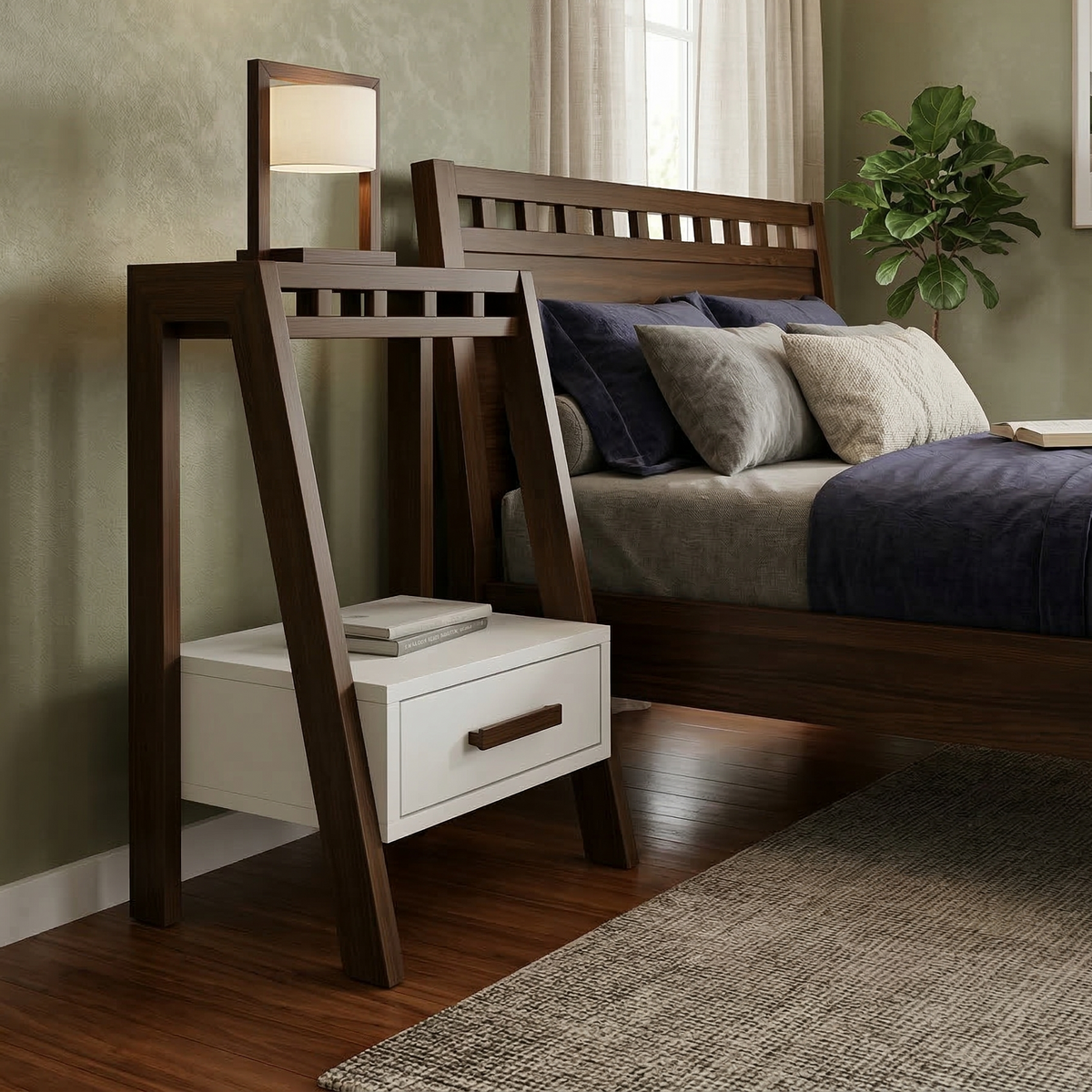 Wooden bed with ladder and nightstand in a bedroom setting
