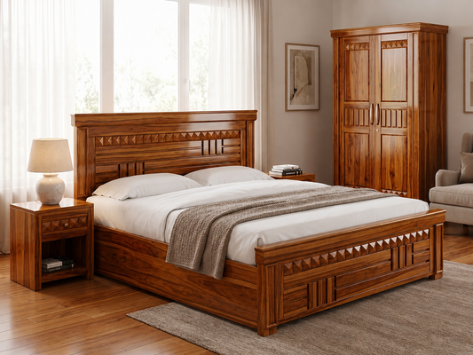 Wooden bed with matching headboard and nightstands in a bedroom setting.