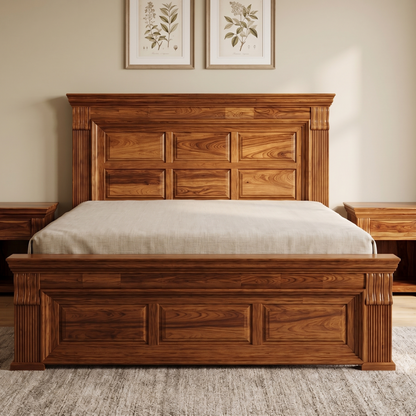 Wooden bed with matching headboard and side tables in a bedroom setting.