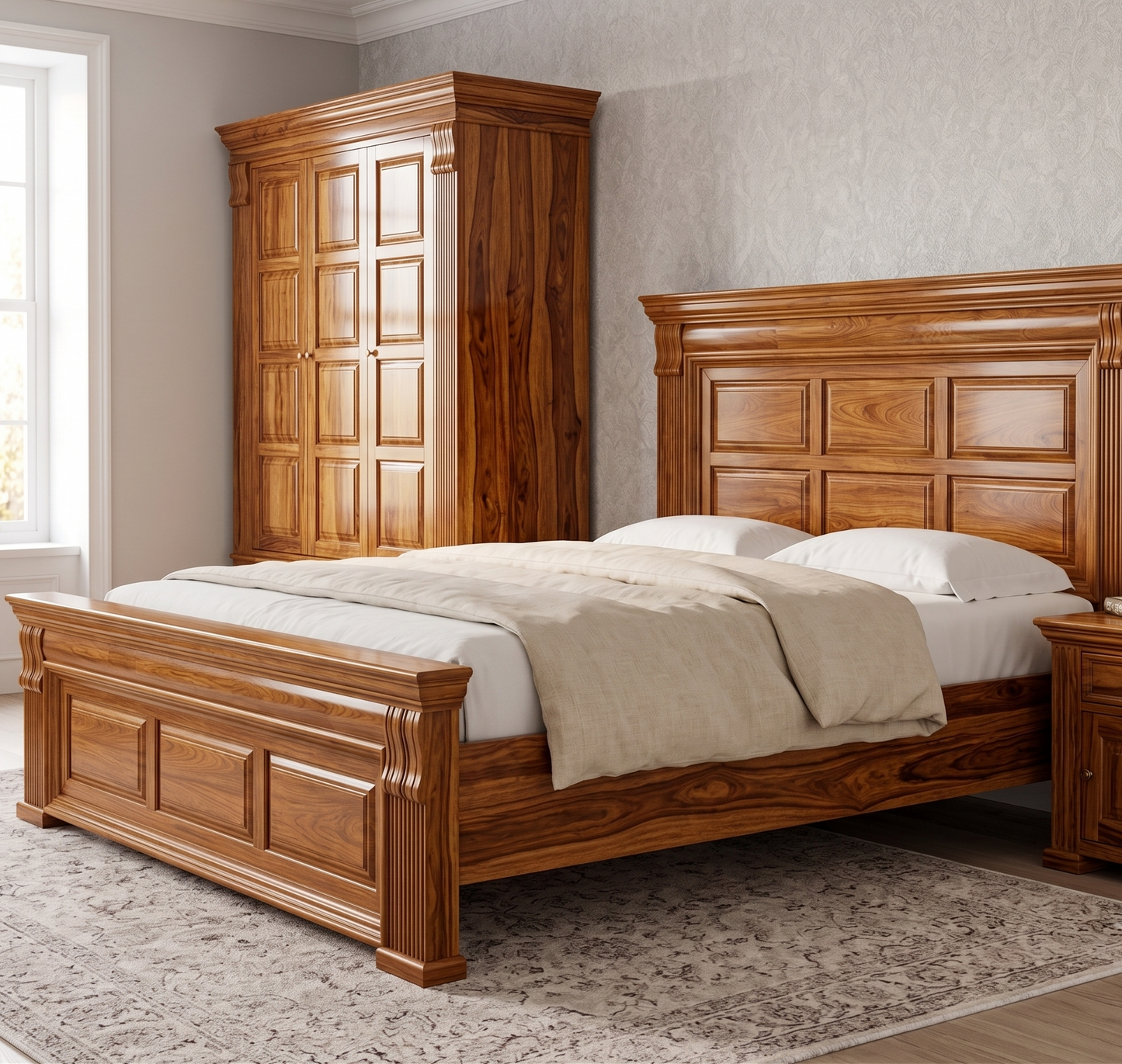 Wooden bed with matching headboard and wardrobe in a bedroom setting.