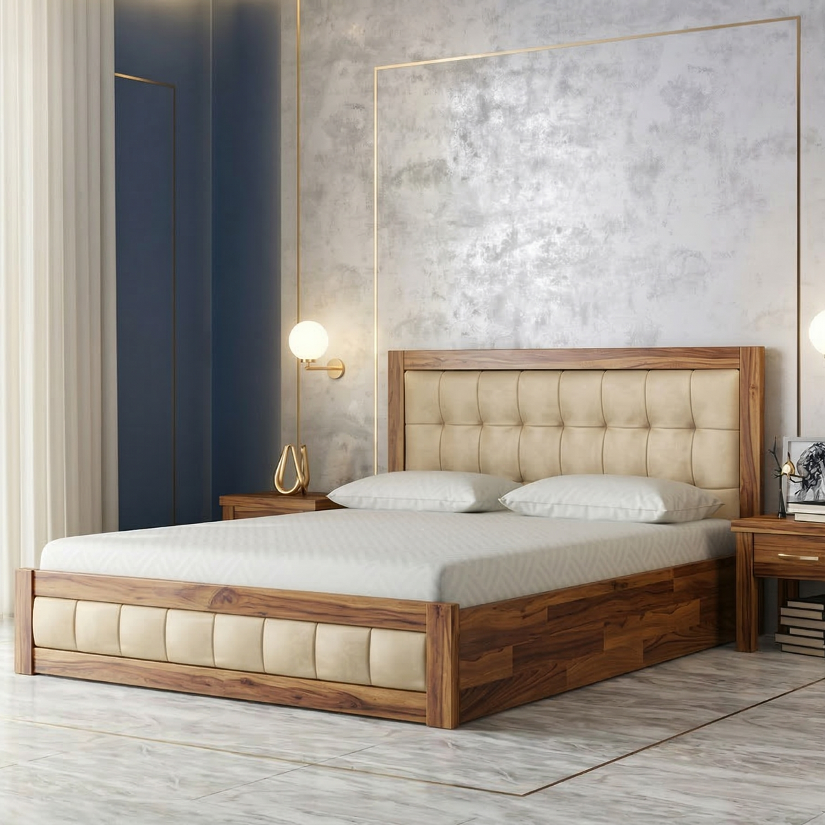 Wooden bed with upholstered headboard in a modern bedroom setting.