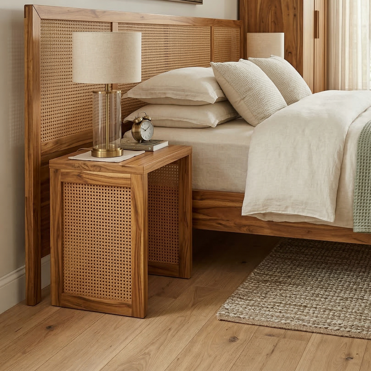 Wooden bed with wicker headboard and nightstand in a bedroom setting.