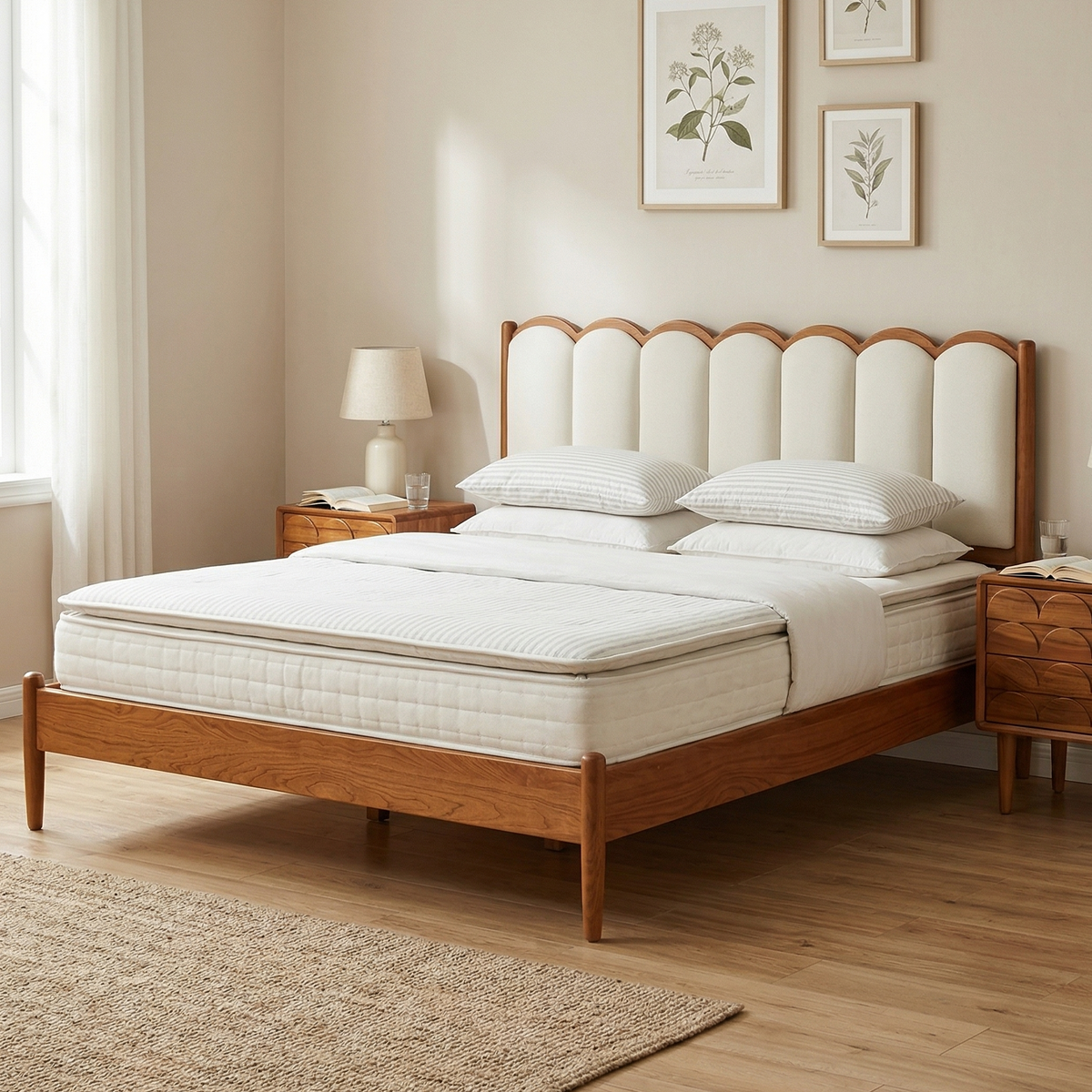 Wooden bed with white mattress and pillows in a bedroom setting.