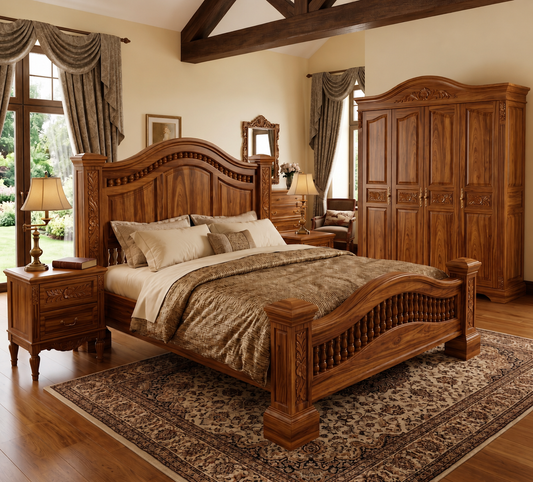 Wooden bedroom set with bed, wardrobe, and side tables in a well-lit room.