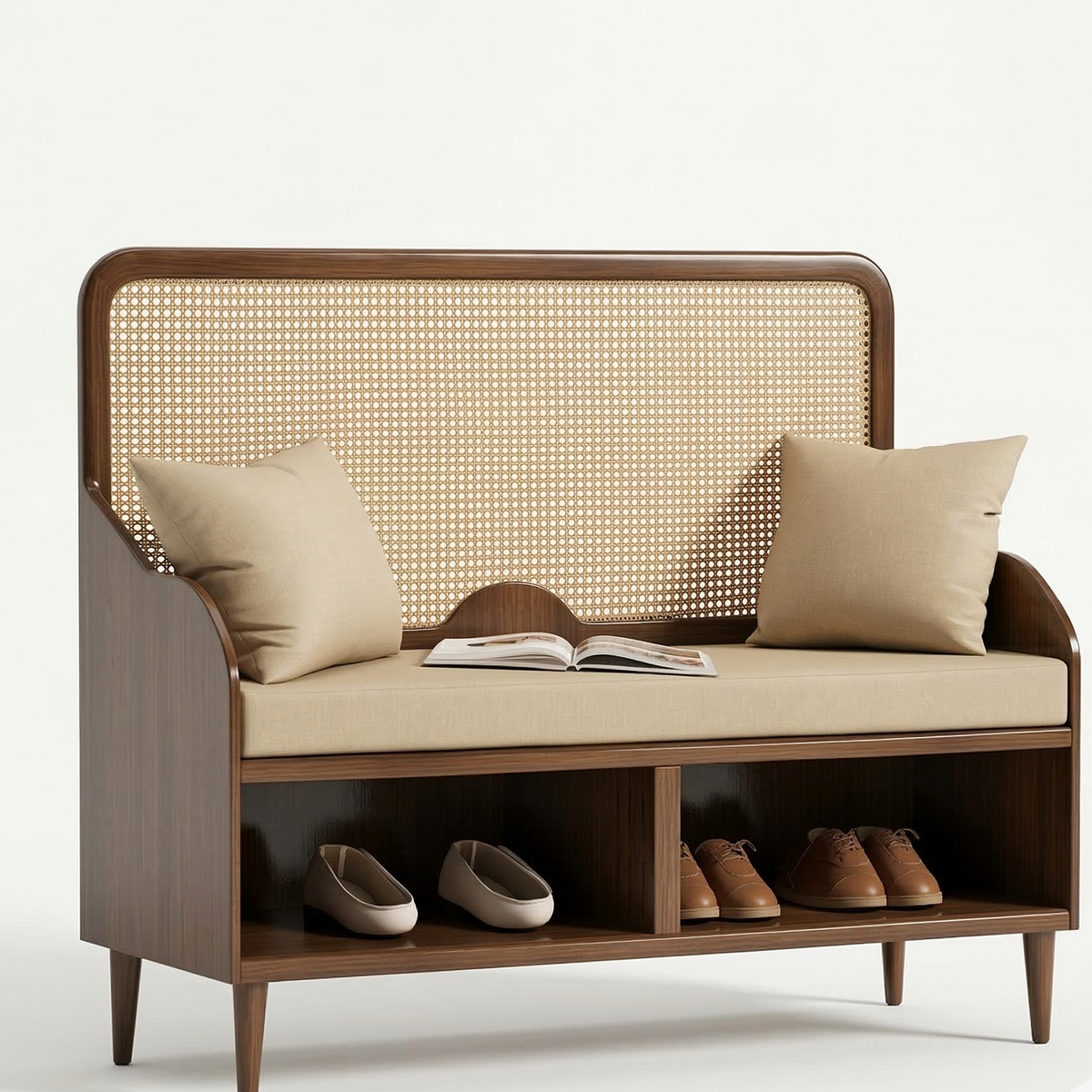 Wooden bench with woven backrest, cushions, and open book on a white background