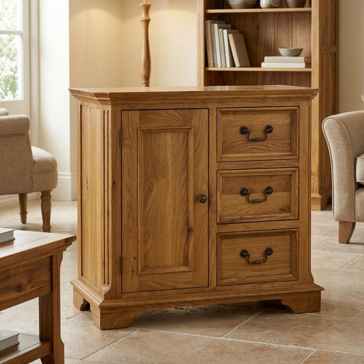 Wooden cabinet with drawers in a room with chairs and a bookshelf.