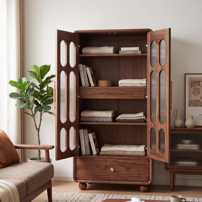 Wooden cabinet with glass doors in a living room setting