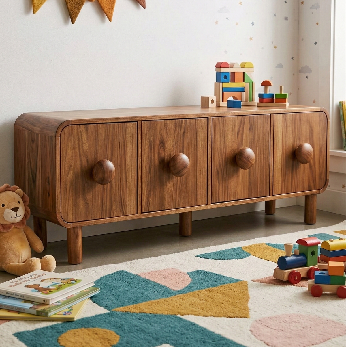 Wooden cabinet with round handles in a child's room with toys and books on a colorful rug.
