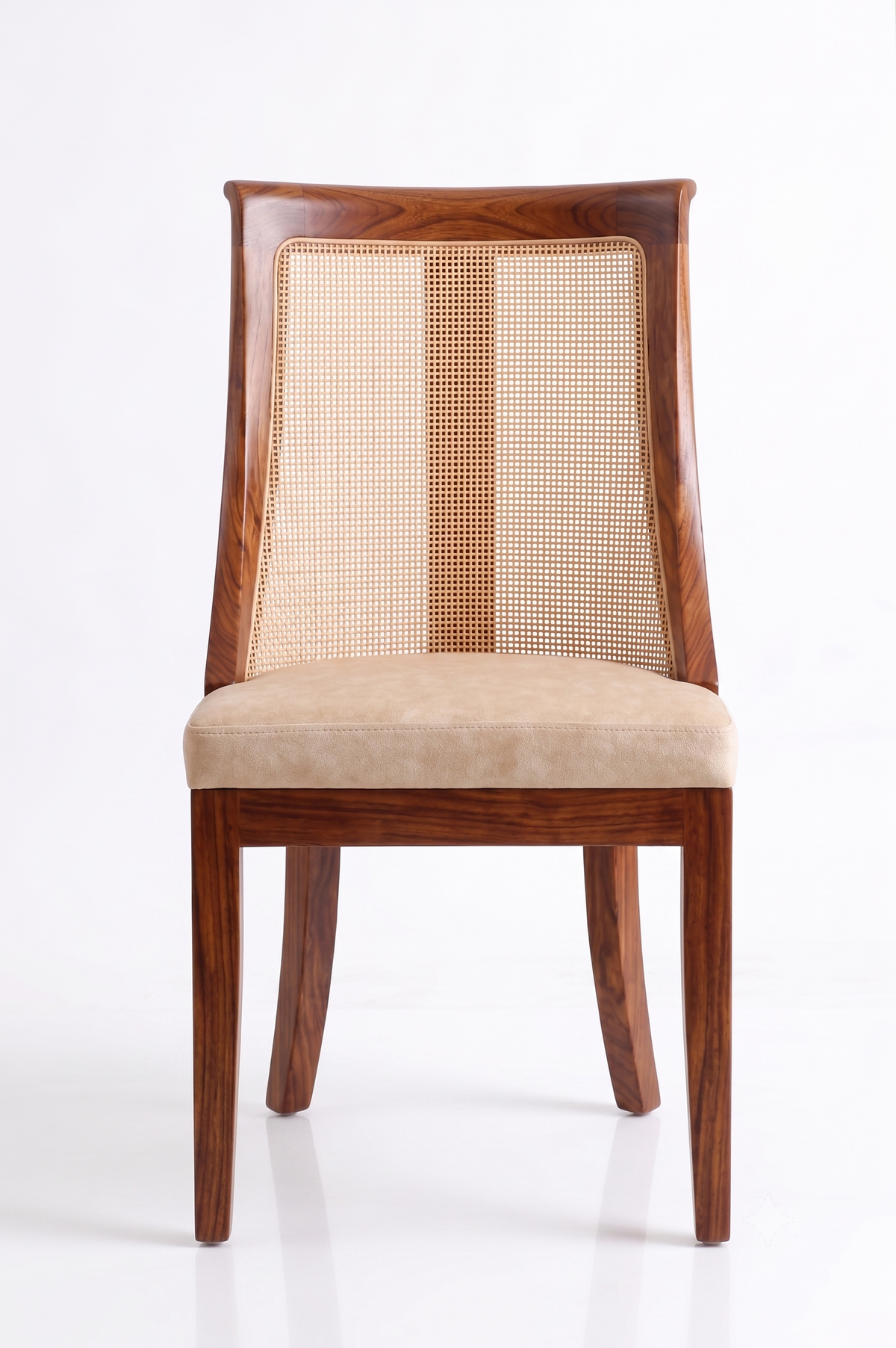 Wooden chair with a woven backrest and beige cushion on a white background