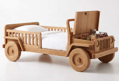 Wooden children's bed designed like a jeep with toys on a white background