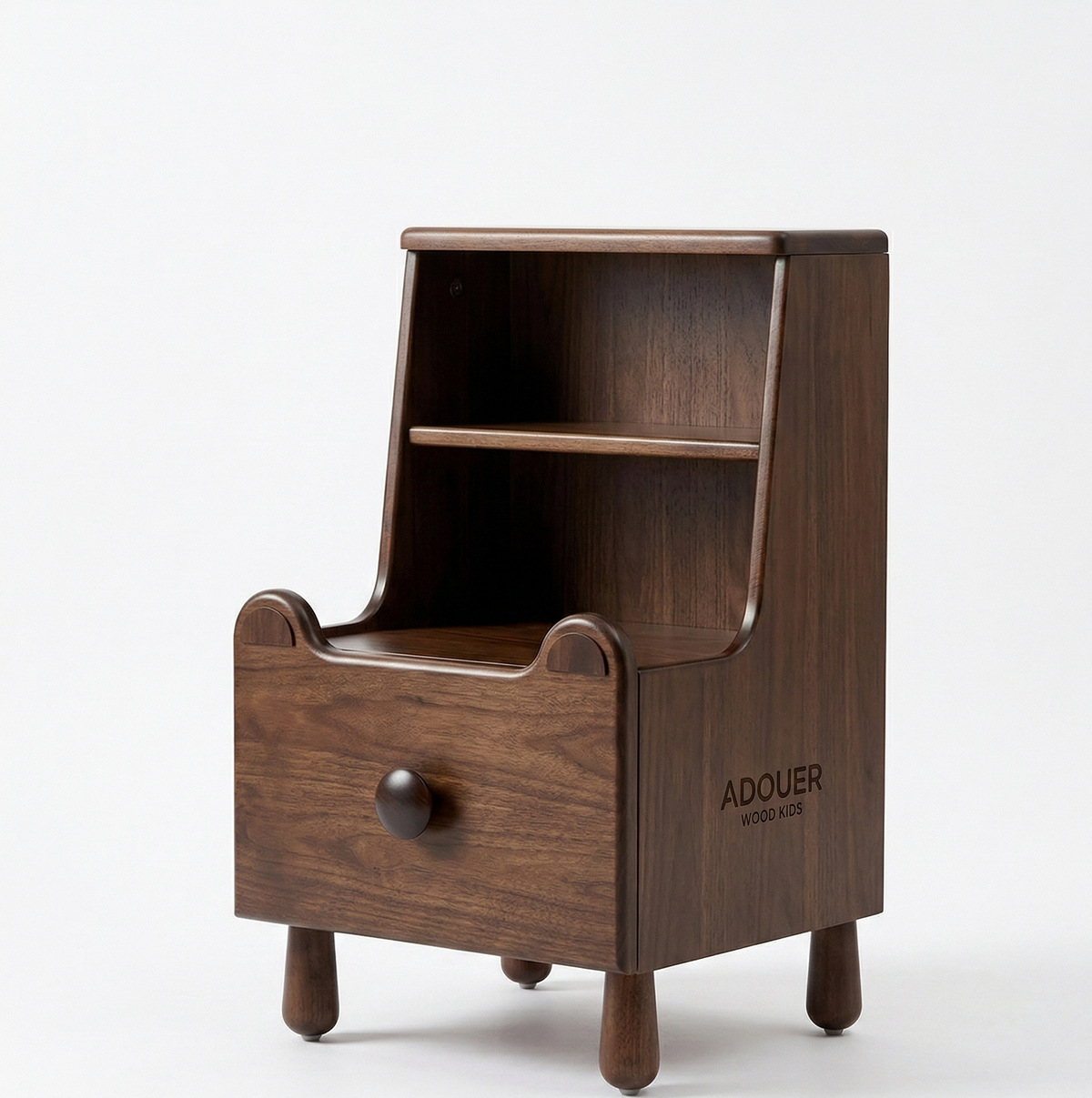 Wooden children's nightstand with a drawer and 'ADOUER' branding on a white background