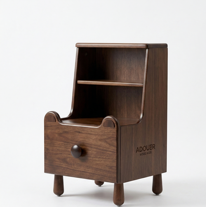 Wooden children's nightstand with a drawer and 'ADOUER' branding on a white background
