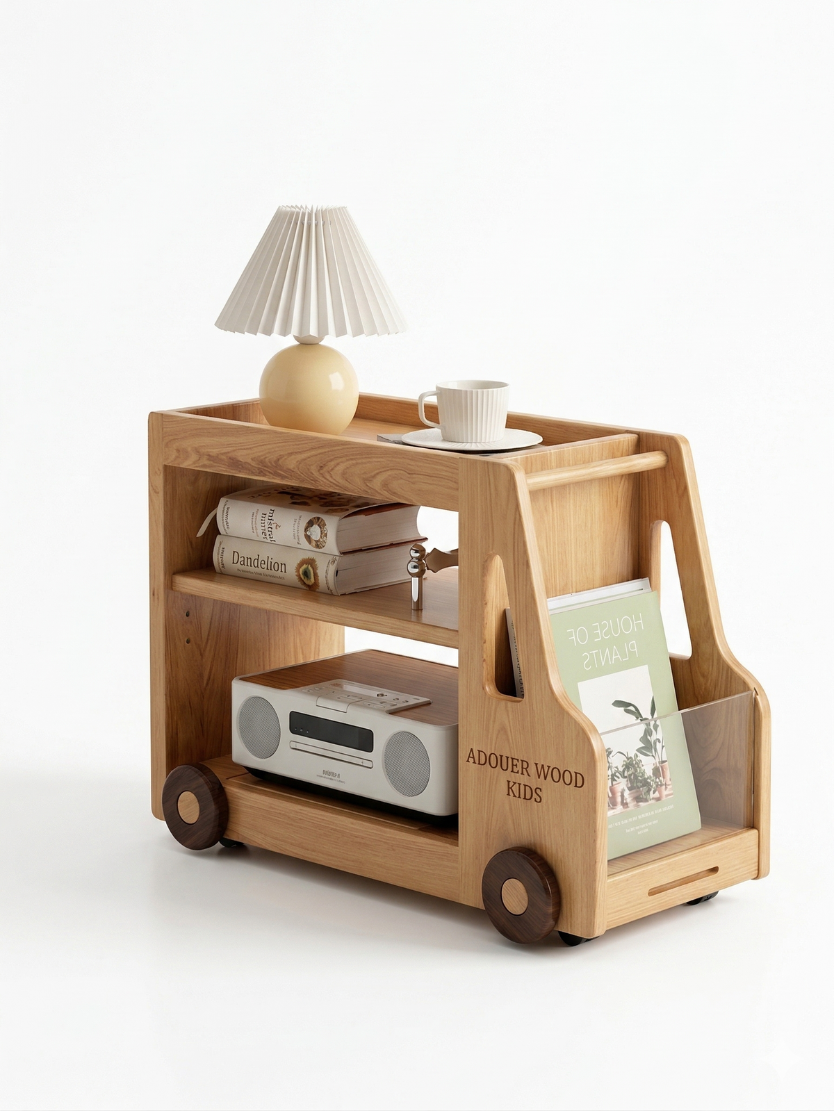 Wooden children's side table with shelves and wheels on a white background