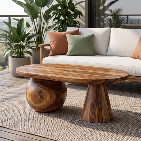 Wooden coffee table on a patio with a sofa and plants in the background