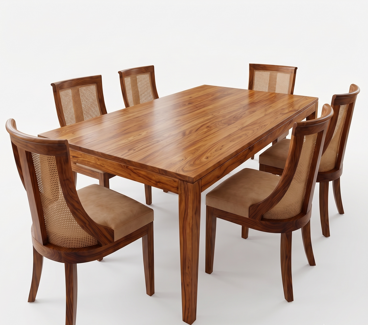 Wooden dining table with six matching chairs on a white background