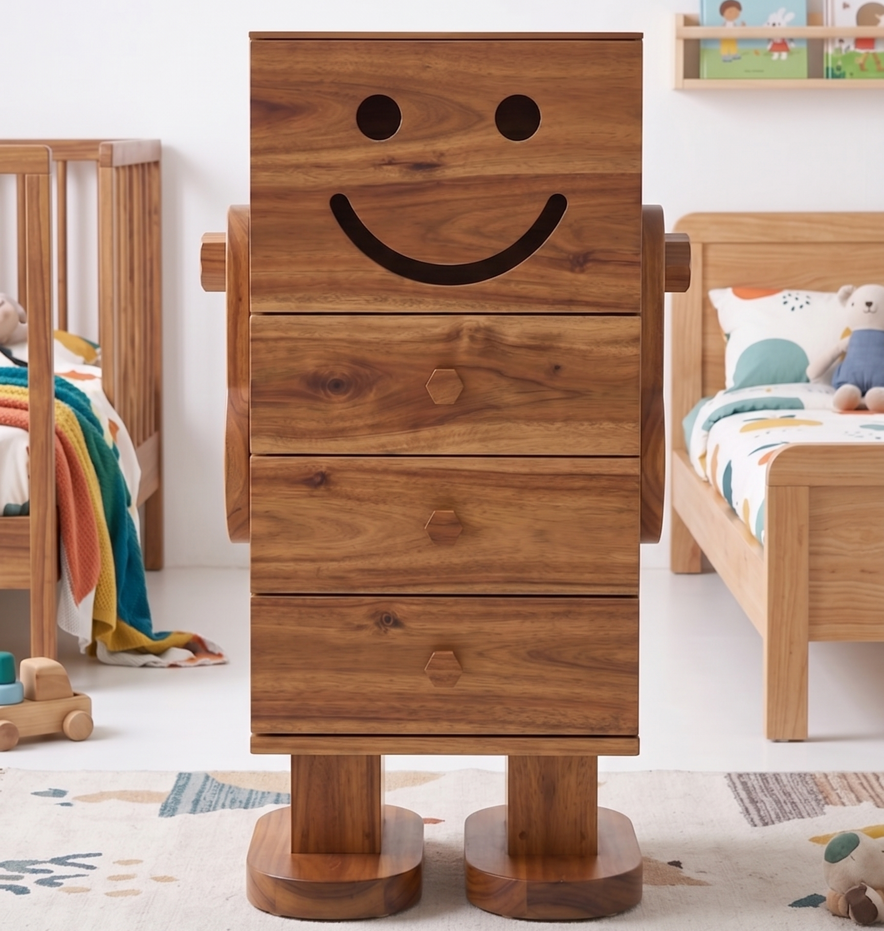 Wooden nightstand shaped like a robot with a smiley face in a child's bedroom.