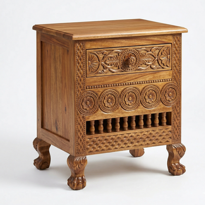 Wooden nightstand with intricate carvings on a white background
