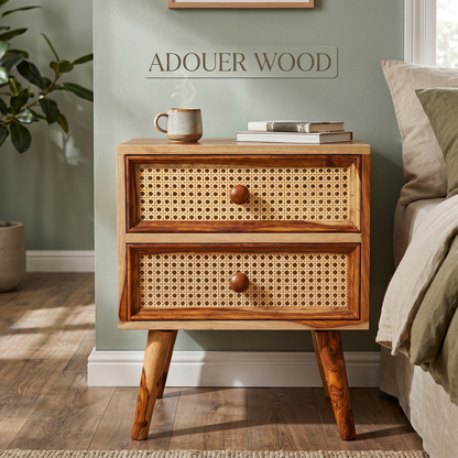 Wooden nightstand with wicker drawers in a bedroom setting