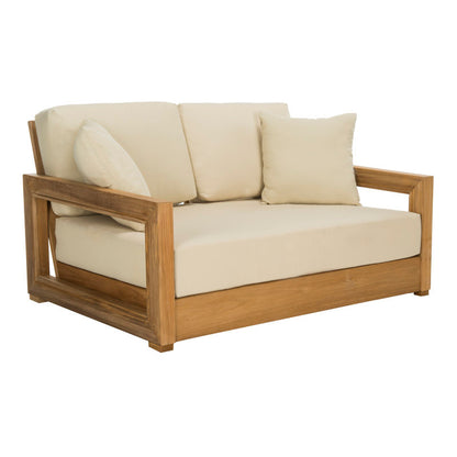 Wooden outdoor sofa with beige cushions on a white background