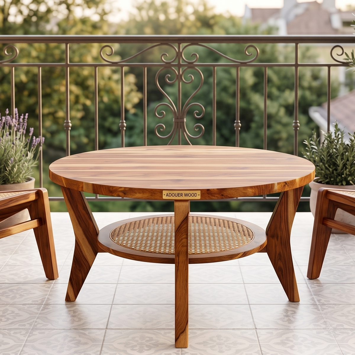 Wooden outdoor table with wicker seat on a patio