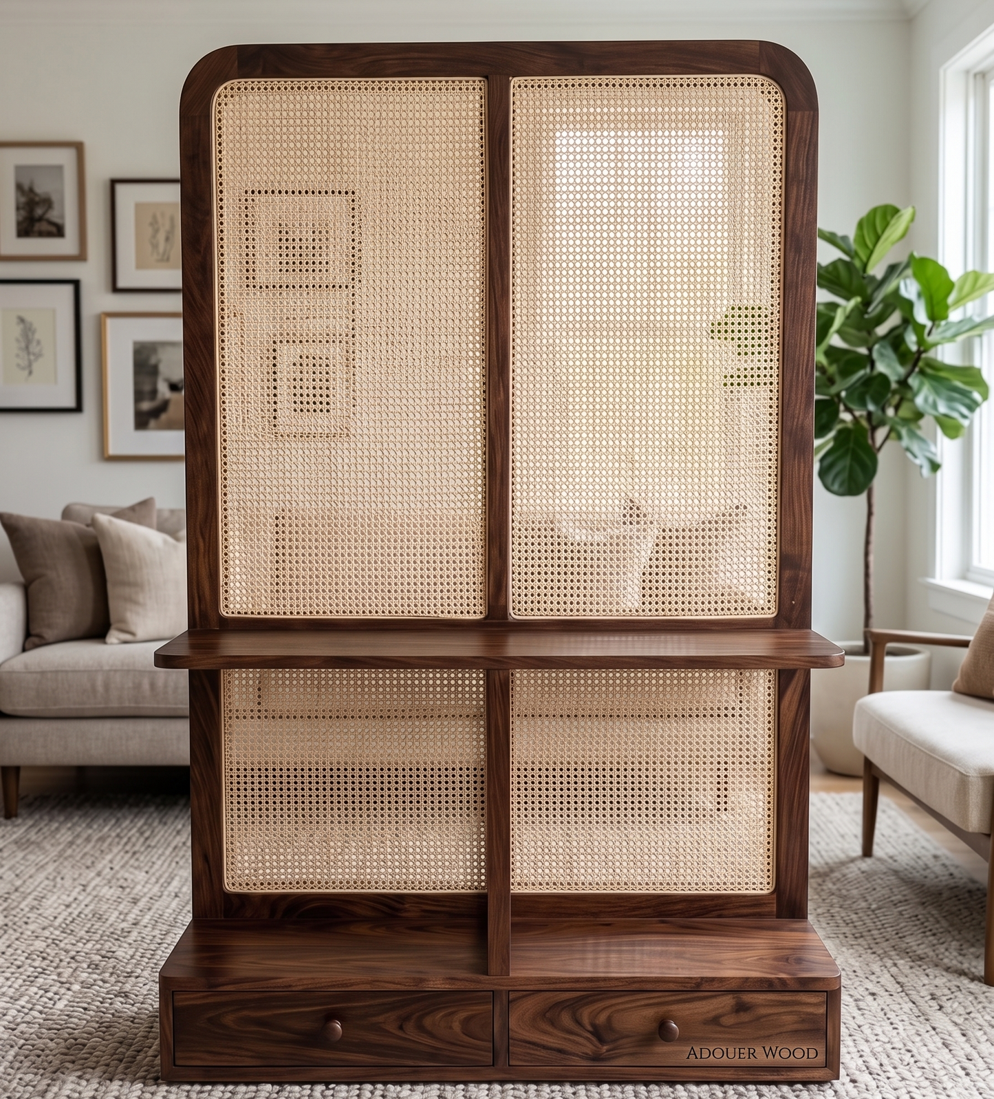 Wooden room divider with woven design in a living room setting