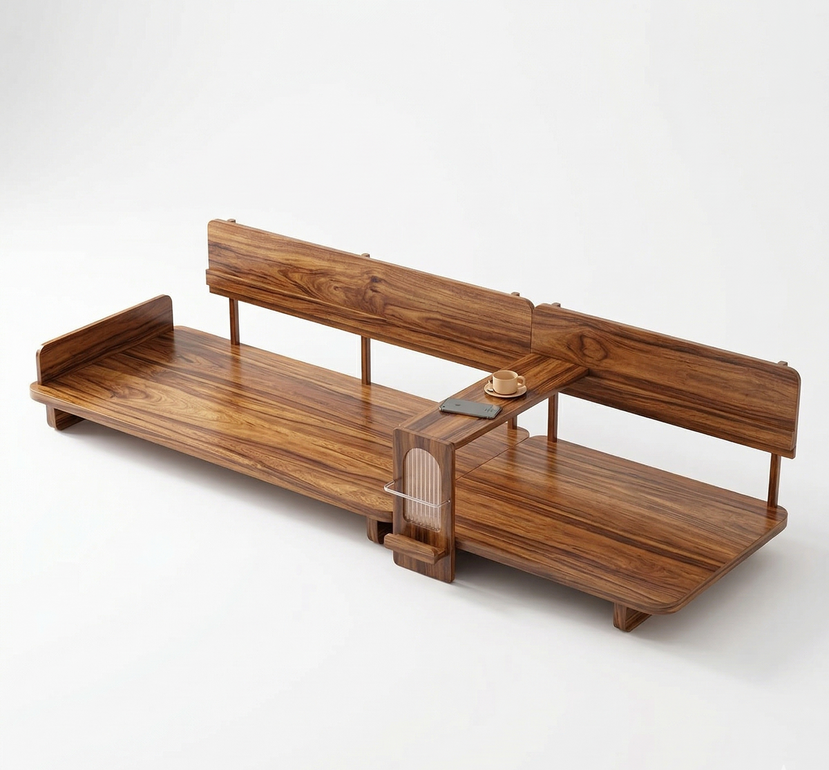 Wooden shelf with adjustable sections on a white background