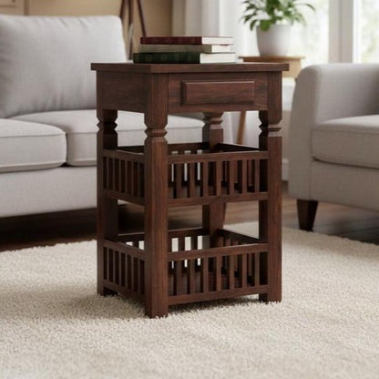 Wooden side table with a drawer in a living room setting