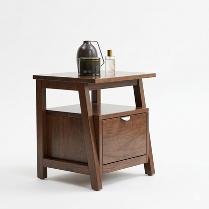 Wooden side table with a drawer on a white background