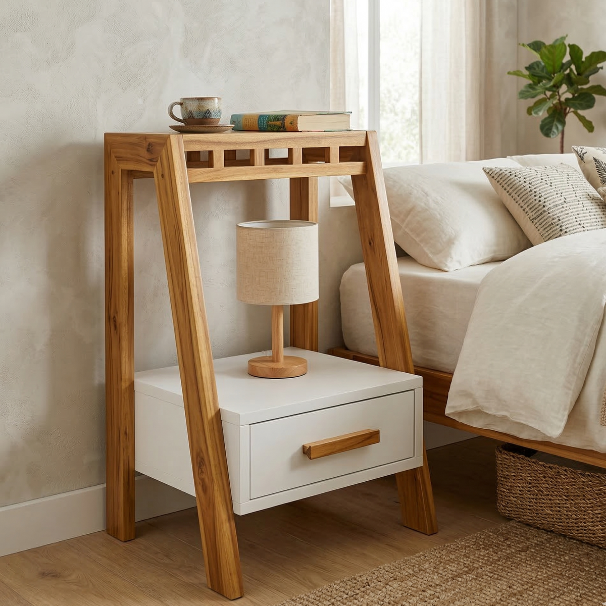 Wooden side table with a white drawer next to a bed in a bedroom setting.