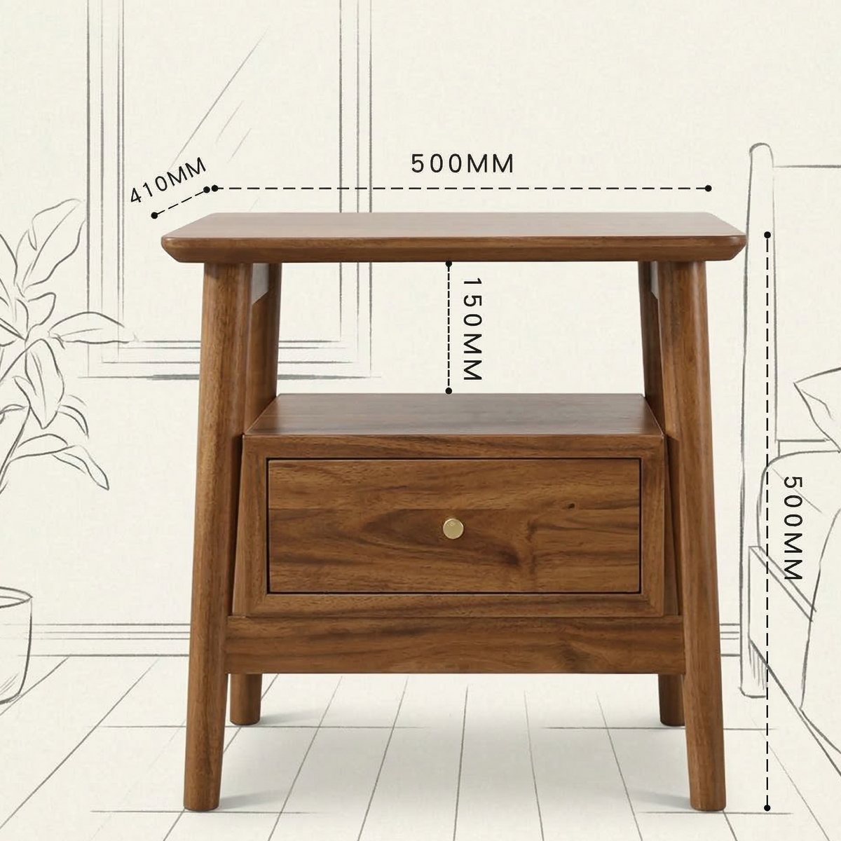 Wooden side table with dimensions indicated on a white background