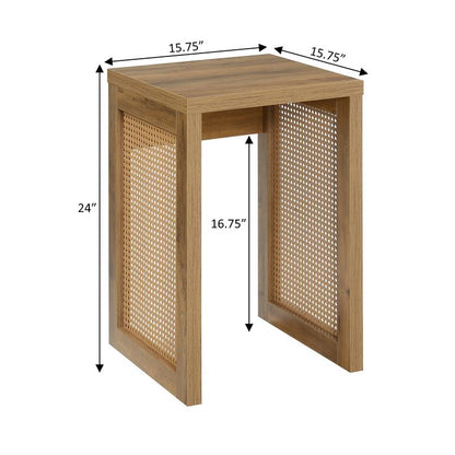 Wooden side table with wicker accents and dimensions labeled on a white background