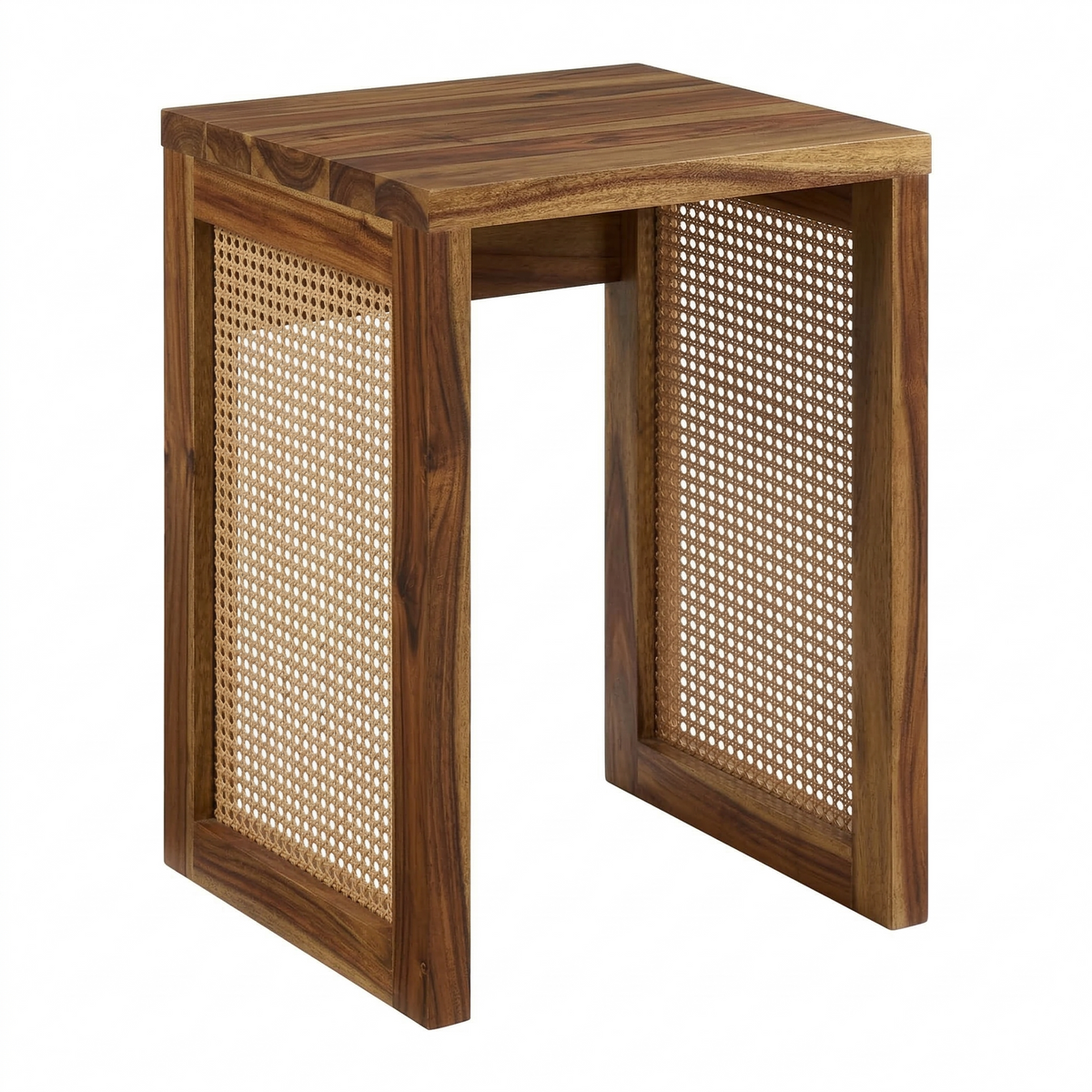 Wooden side table with woven cane design on a white background