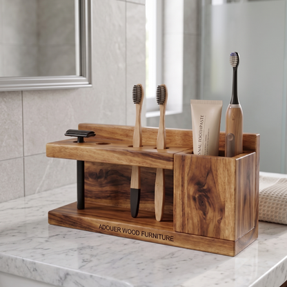 Wooden toothbrush holder with toothbrushes and a tube of toothpaste on a bathroom counter.