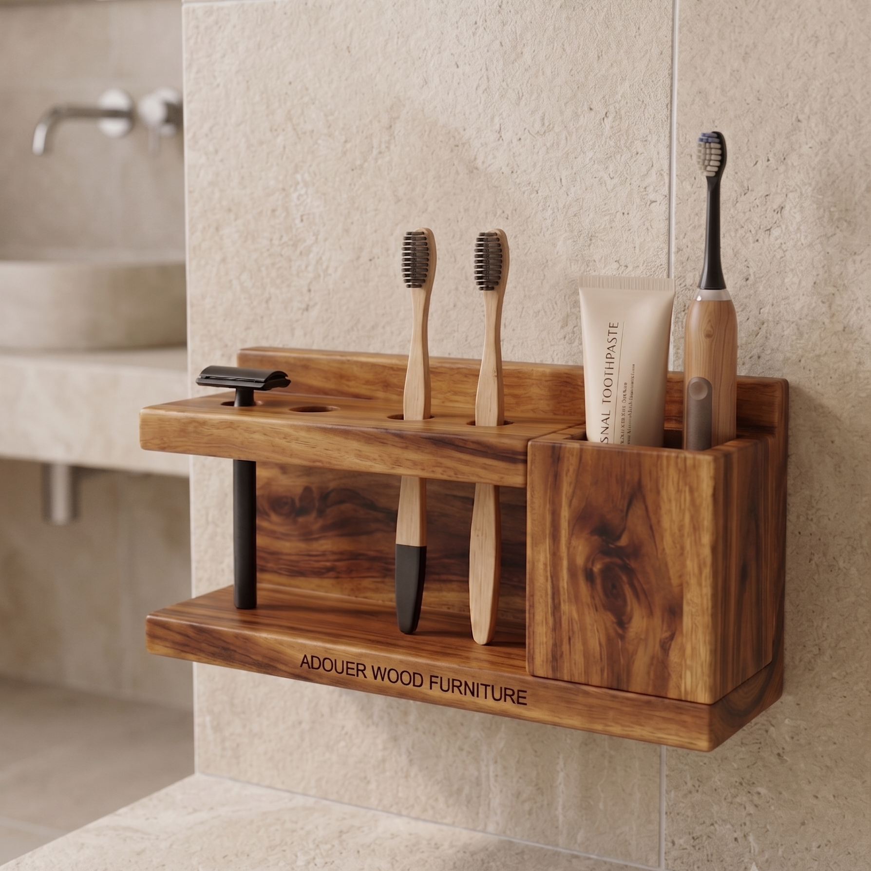 Wooden toothbrush holder with toothbrushes and toothpaste on a bathroom wall.