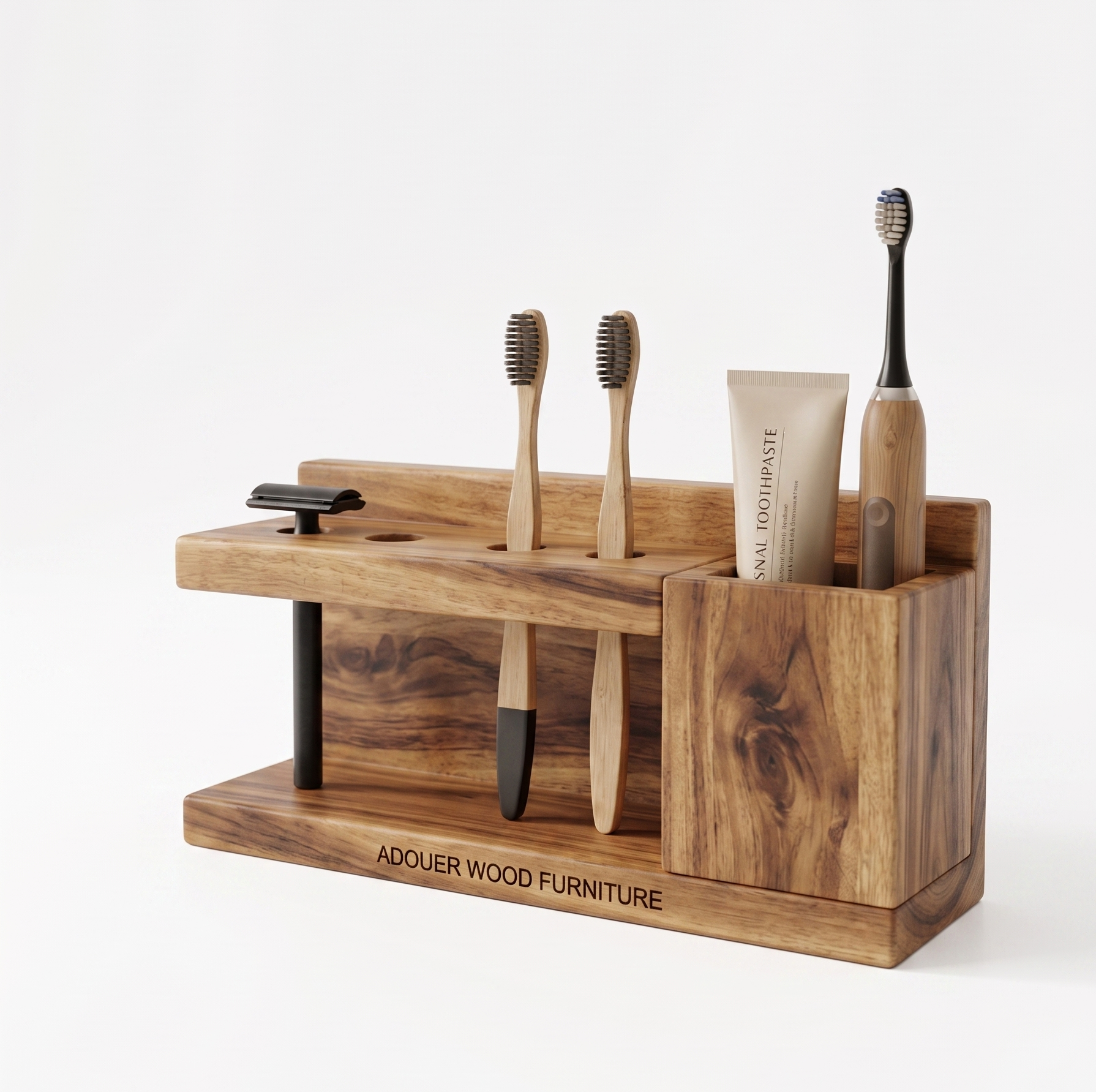 Wooden toothbrush holder with toothbrushes and toothpaste on a white background