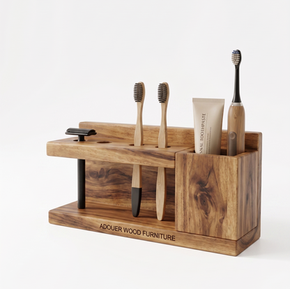 Wooden toothbrush holder with toothbrushes and toothpaste on a white background