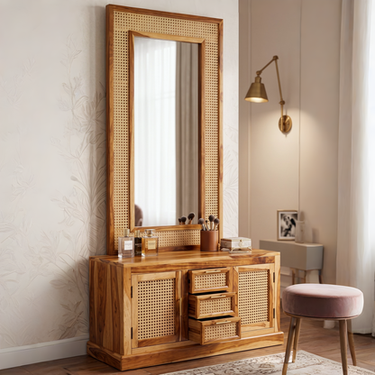 Wooden vanity with rattan accents in a room setting