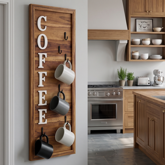 Wooden wall-mounted coffee mug holder with 'COFFEE' on a kitchen wall.