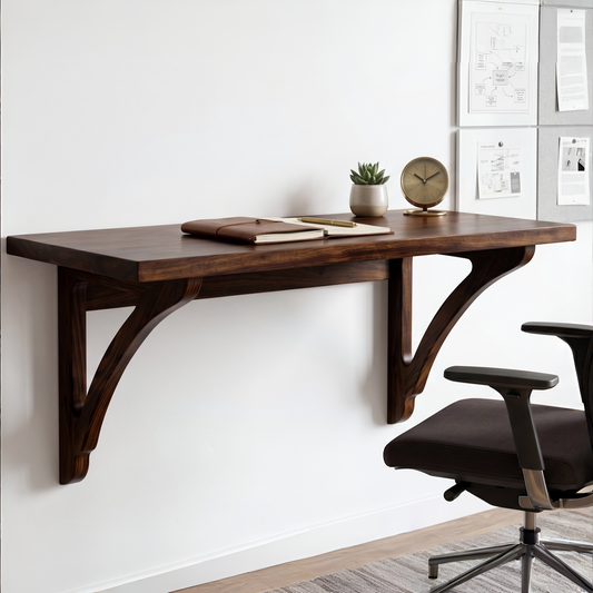 Wooden wall-mounted desk with a chair in a minimalistic office setting