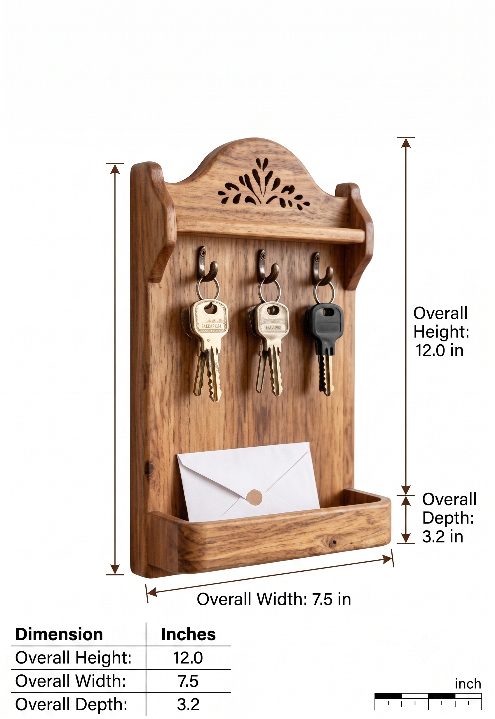 Wooden wall-mounted key rack with three hooks holding keys and a small envelope in a tray, shown with dimension callouts and a small size table on a white background.