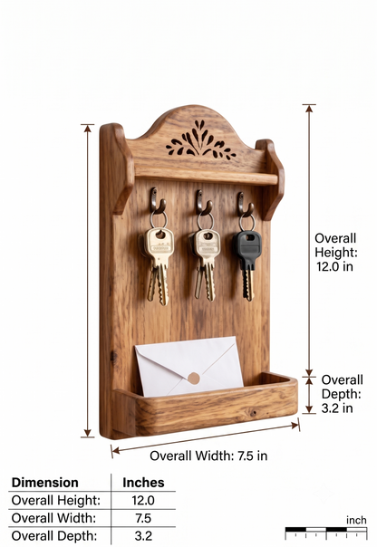Wooden wall-mounted key rack with three hooks holding keys and a small envelope in a tray, shown with dimension callouts and a small size table on a white background.