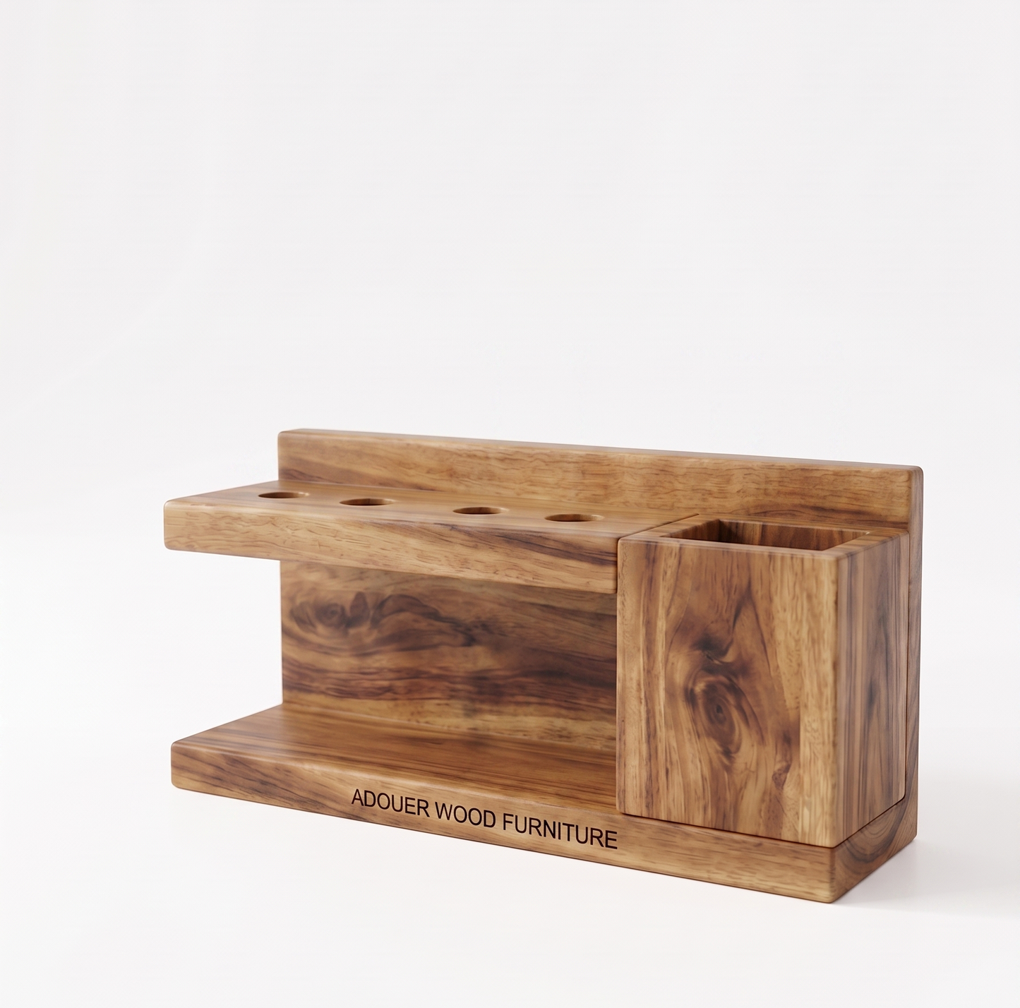 Wooden wall shelf with multiple compartments on a white background, featuring 'ADOUER WOOD FURNITURE' branding.