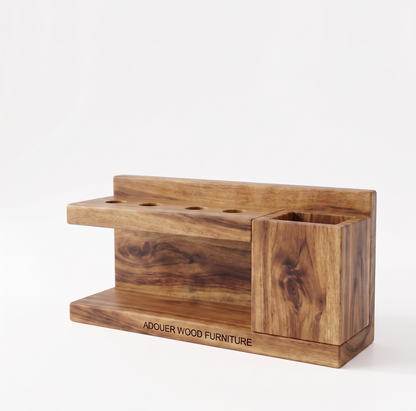 Wooden wall shelf with multiple compartments on a white background, featuring 'ADOUER WOOD FURNITURE' branding.