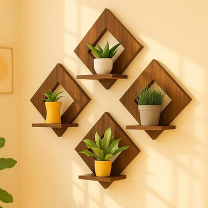 Wooden wall shelves with plants against a beige wall