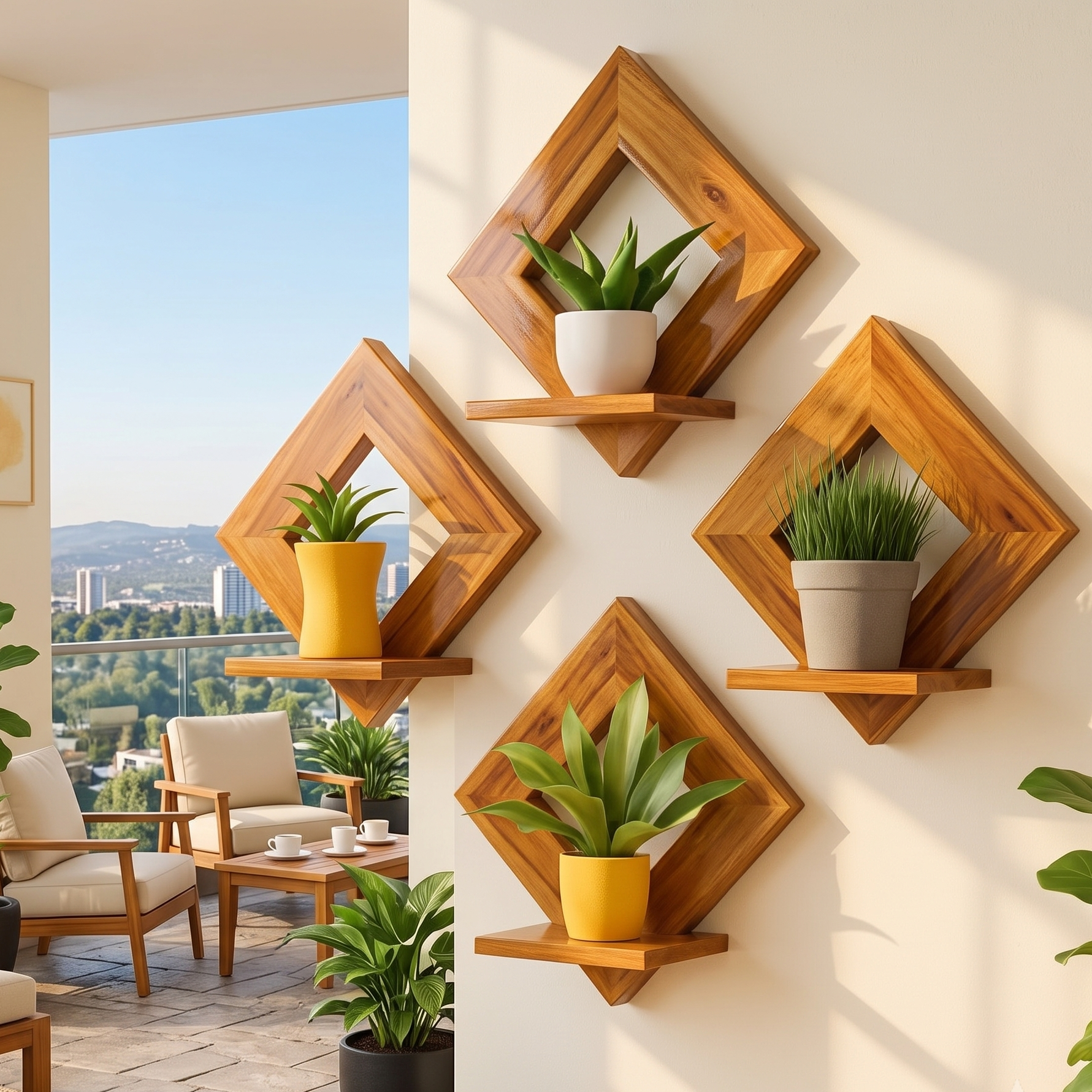 Wooden wall shelves with plants in a modern living room setting
