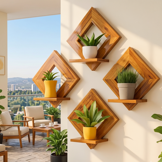 Wooden wall shelves with plants in a modern living room setting