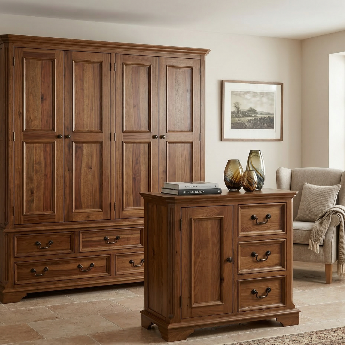 Wooden wardrobe and sideboard in a living room setting with a painting on the wall.