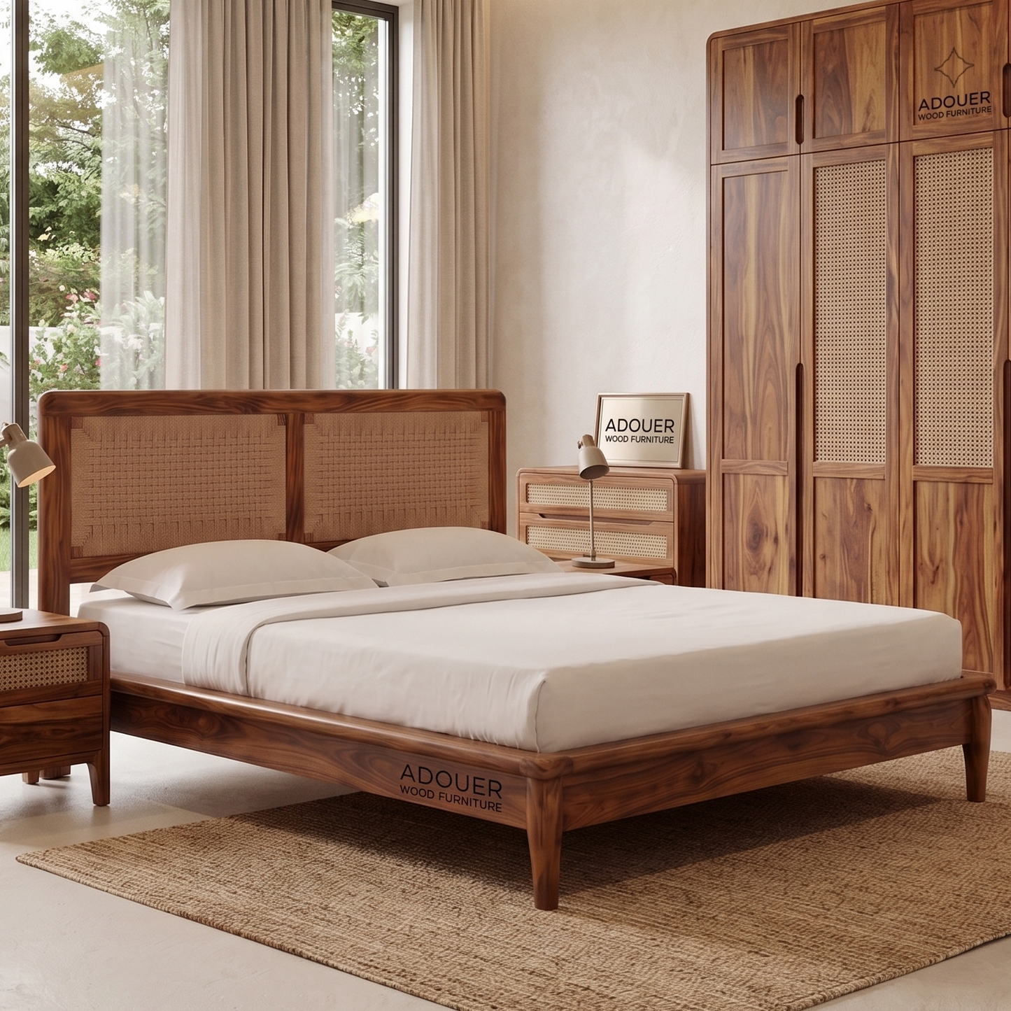ADOUER WOOD Handcrafted Solid Wood & Woven Rattan Platform Bed Frame