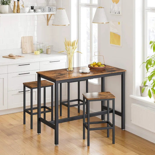 Adouer Wood "Rustic Brown and Black Bar Table Set with Two Matching Stools"